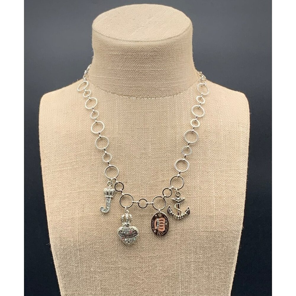Vintage Juicy Couture Silver Charm Necklace With Crown Anchor & Initial J Charms